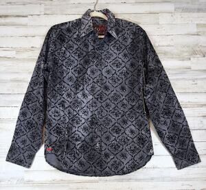 EQ Men's Button Up Shirt Small Gray Black Damask Long Sleeve Cotton NWT